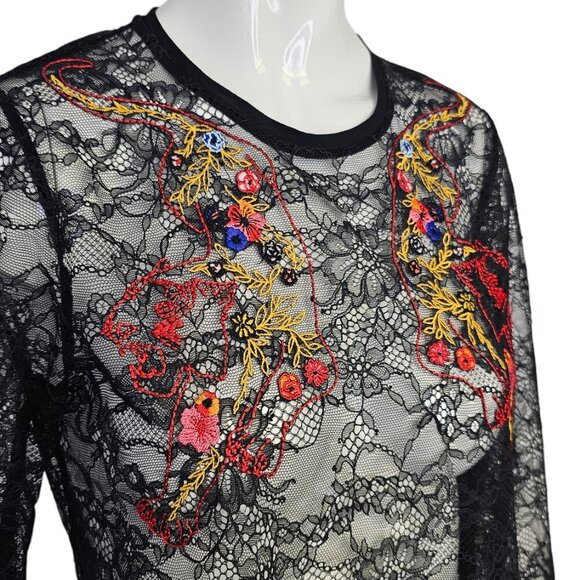 Sandro Paris Womens Lace Sheer Embroidered Long Sleeve Blouse, Open Back, 1/US S - Picture 9 of 9